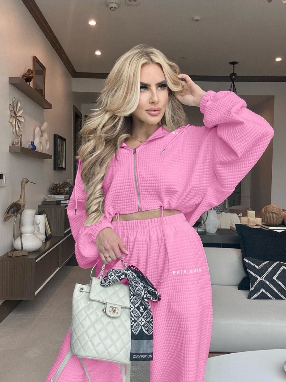 Rair Burd Sophia: Cropped Pink Waffle Knit Track Set Joggers